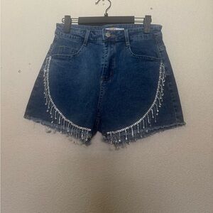 Dark Wash Denim Shorts with Silver Beaded Fringe